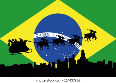 Vector Illustration of the flag of Brazil with santa flying his sliegh over a city