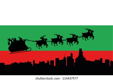 Vector Illustration of the flag of Bulgaria with santa flying his sliegh over a city