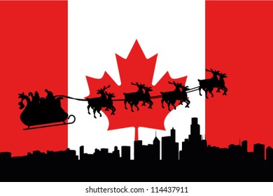 Vector Illustration of the flag of Canada with santa flying his sliegh over a city