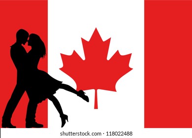 Vector illustration of the flag of Canada silhouette of a couple in love