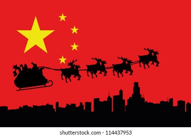 Vector Illustration of the flag of China with santa flying his sliegh over a city