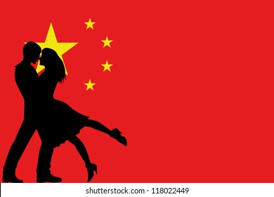 Vector illustration of the flag of China silhouette of a couple in love