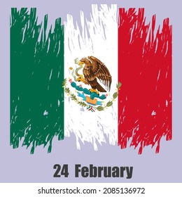 Vector illustration of a flag with a coat of arms in the form of brush strokes, on a gray background. February 24 is the national flag day of Mexico.