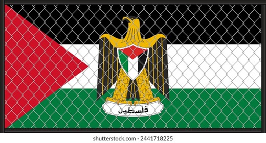 Ilustración vectorial de la bandera y el escudo de armas de Palestina bajo el entramado. El concepto de aislacionismo.
