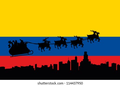 Vector Illustration of the flag of Colombia with santa flying his sliegh over a city