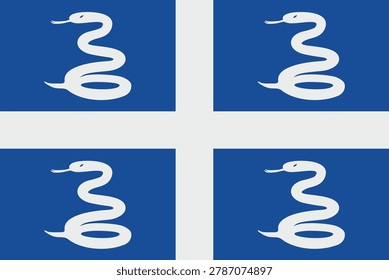 Vector illustration of the flag commonly associated with Martinique featuring a blue field divided into four equal sections by a white cross, with a white snake-like emblem (commonly referred to as the “ophidian” symbol) in each quadrant. This historical design is associated with Martinique’s colonial past, while modern representations of the island often use the French tricolor. The design reflects cultural heritage and regional identity within the French overseas territories. Clean, precise composition with accurate proportions and contrasting colors, isolated on a transparent or plain background. Ideal for use in educational materials, cultural themes, travel content, and historical references. High-quality scalable vector suitable for print and digital applications, including banners, posters, websites, and presentations.