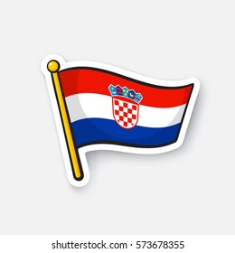 Vector illustration. Flag of Croatia on flagstaff. Location symbol for travelers. Cartoon sticker with contour. Decoration for greeting cards, posters, patches, prints for clothes, emblems