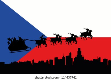 Vector Illustration of the flag of Czech Republic with santa flying his sliegh over a city