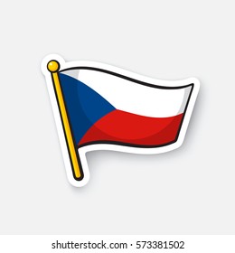 Vector illustration. Flag of the Czech Republic on flagstaff. Location symbol for travelers. Cartoon sticker with contour. Decoration for greeting cards, posters, patches, prints for clothes, emblems