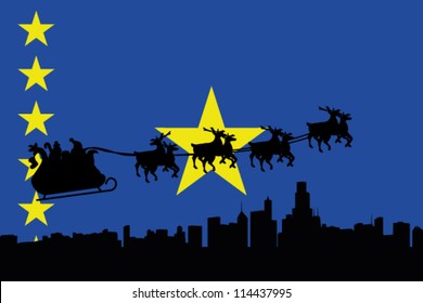 Vector Illustration of the flag of Democratic Republic of Congo with santa flying his sliegh over a city