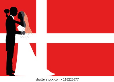 Vector illustration of the flag of Denmark with a bride and groom coloured silhouette