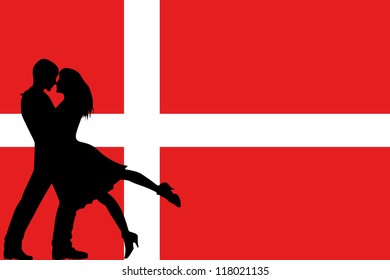 Vector illustration of the flag of Denmark silhouette of a couple in love