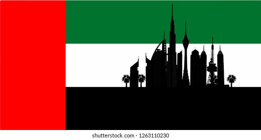 Vector Illustration Flag of Dubai United Arab Emirates And the shadow of the city