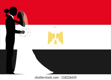 Vector illustration of the flag of Egypt with a bride and groom coloured silhouette