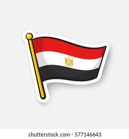 Vector illustration. Flag of Egypt on flagstaff. Location symbol for travelers. Cartoon sticker with contour. Decoration for greeting cards, posters, patches, prints for clothes, emblems
