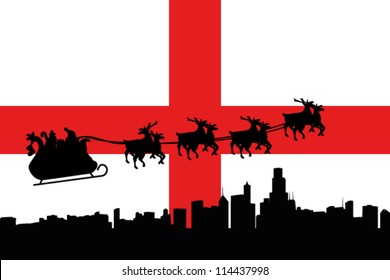 Vector Illustration of the flag of England with santa flying his sliegh over a city