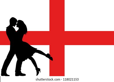 Vector illustration of the flag of England silhouette of a couple in love
