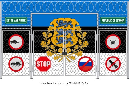 Vector illustration of the flag of Estonia under the lattice. The concept of isolationism. No war.
