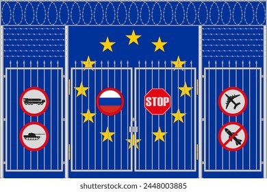 Vector illustration of the flag of European Union under the lattice. Concept of isolationism. No war.
