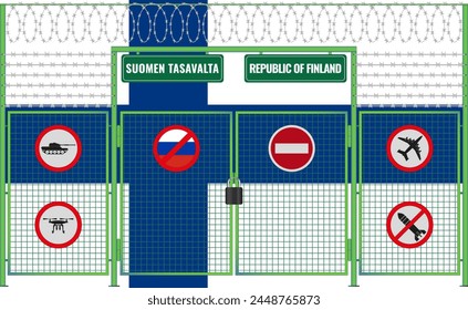 Vector illustration of the flag of Finland under the lattice. The concept of isolationism. No war.
