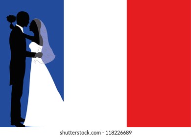 Vector illustration of the flag of France with a bride and groom coloured silhouette