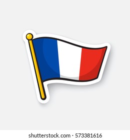 Vector illustration. Flag of France on flagstaff. Location symbol for travelers. Cartoon sticker with contour. Decoration for greeting cards, posters, patches, prints for clothes, emblems