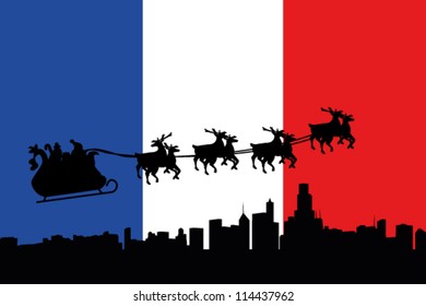 Vector Illustration of the flag of France with santa flying his sliegh over a city