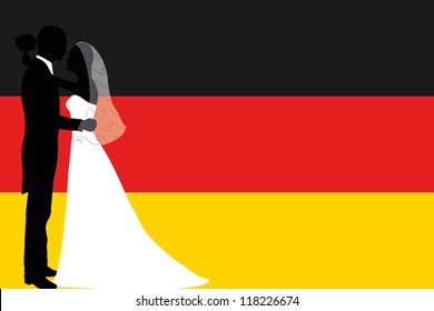 Vector illustration of the flag of Germany with a bride and groom coloured silhouette