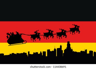 Vector Illustration of the flag of Germany with santa flying his sliegh over a city