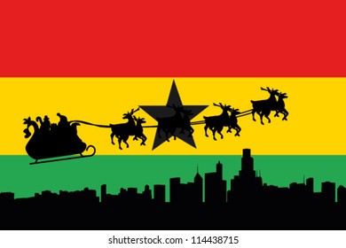 Vector Illustration of the flag of Ghana with santa flying his sliegh over a city