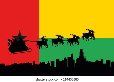 Vector Illustration of the flag of Guinea Bissau with santa flying his sliegh over a city