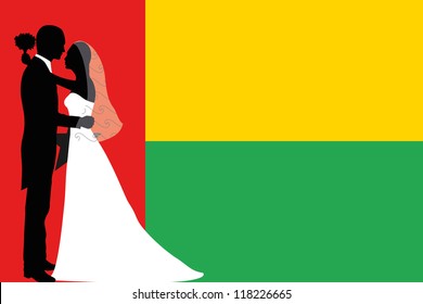 Vector illustration of the flag of Guinea Bissau with a bride and groom coloured silhouette