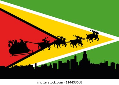 Vector Illustration of the flag of Guyana with santa flying his sliegh over a city