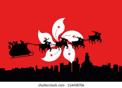 Vector Illustration of the flag of Hong Kong with santa flying his sliegh over a city