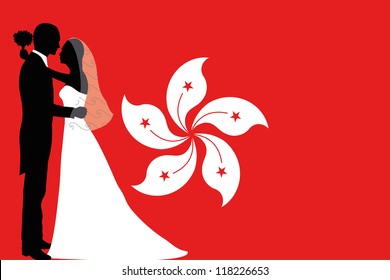 Vector illustration of the flag of Hong Kong with a bride and groom coloured silhouette