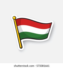 Vector illustration. Flag of Hungary on flagstaff. Location symbol for travelers. Cartoon sticker with contour. Decoration for greeting cards, posters, patches, prints for clothes, emblems
