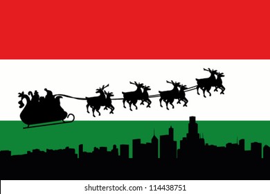 Vector Illustration of the flag of Hungary with santa flying his sliegh over a city