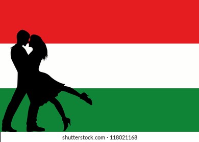 Vector illustration of the flag of Hungary silhouette of a couple in love