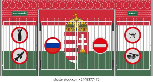 Vector illustration of the flag of Hungary under the lattice. The concept of isolationism. No war.
