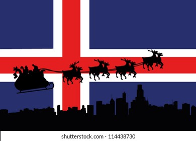 Vector Illustration of the flag of Iceland with santa flying his sliegh over a city