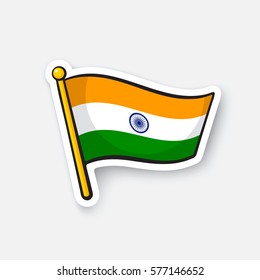 Vector illustration. Flag of India on flagstaff. Location symbol for travelers. Cartoon sticker with contour. Decoration for greeting cards, posters, patches, prints for clothes, emblems
