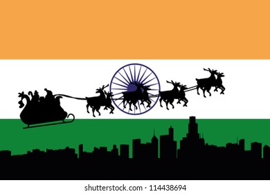 Vector Illustration of the flag of India with santa flying his sliegh over a city