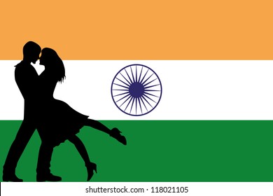 Vector illustration of the flag of India silhouette of a couple in love