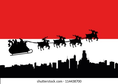 Vector Illustration of the flag of Indonesia with santa flying his sliegh over a city