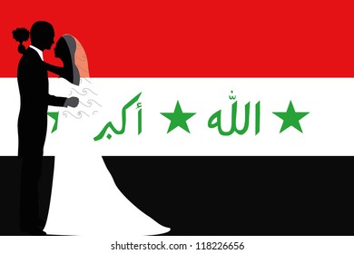 Vector illustration of the flag of Iraq with a bride and groom coloured silhouette