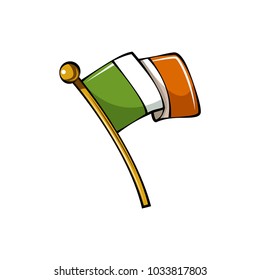 Vector illustration. Flag of Ireland on flagstaff. Location symbol for travelers. Cartoon sticker with contour. Decoration for greeting cards, posters, patches, prints for clothes, emblems