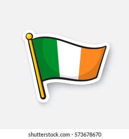 Vector illustration. Flag of Ireland on flagstaff. Location symbol for travelers. Cartoon sticker with contour. Decoration for greeting cards, posters, patches, prints for clothes, emblems