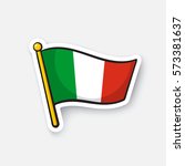 Vector illustration. Flag of Italy on flagstaff. Location symbol for travelers. Cartoon sticker with contour. Decoration for greeting cards, posters, patches, prints for clothes, emblems