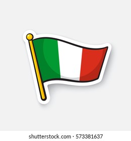  Ilustración vectorial. Bandera de Italia sobre el personal de bandera. Símbolo de ubicación para viajeros. Etiqueta de dibujo con contorno. Decoración para tarjetas de felicitación, carteles, parches, estampados para ropa, emblemas