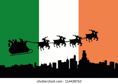 Vector Illustration of the flag of Italy with santa flying his sliegh over a city